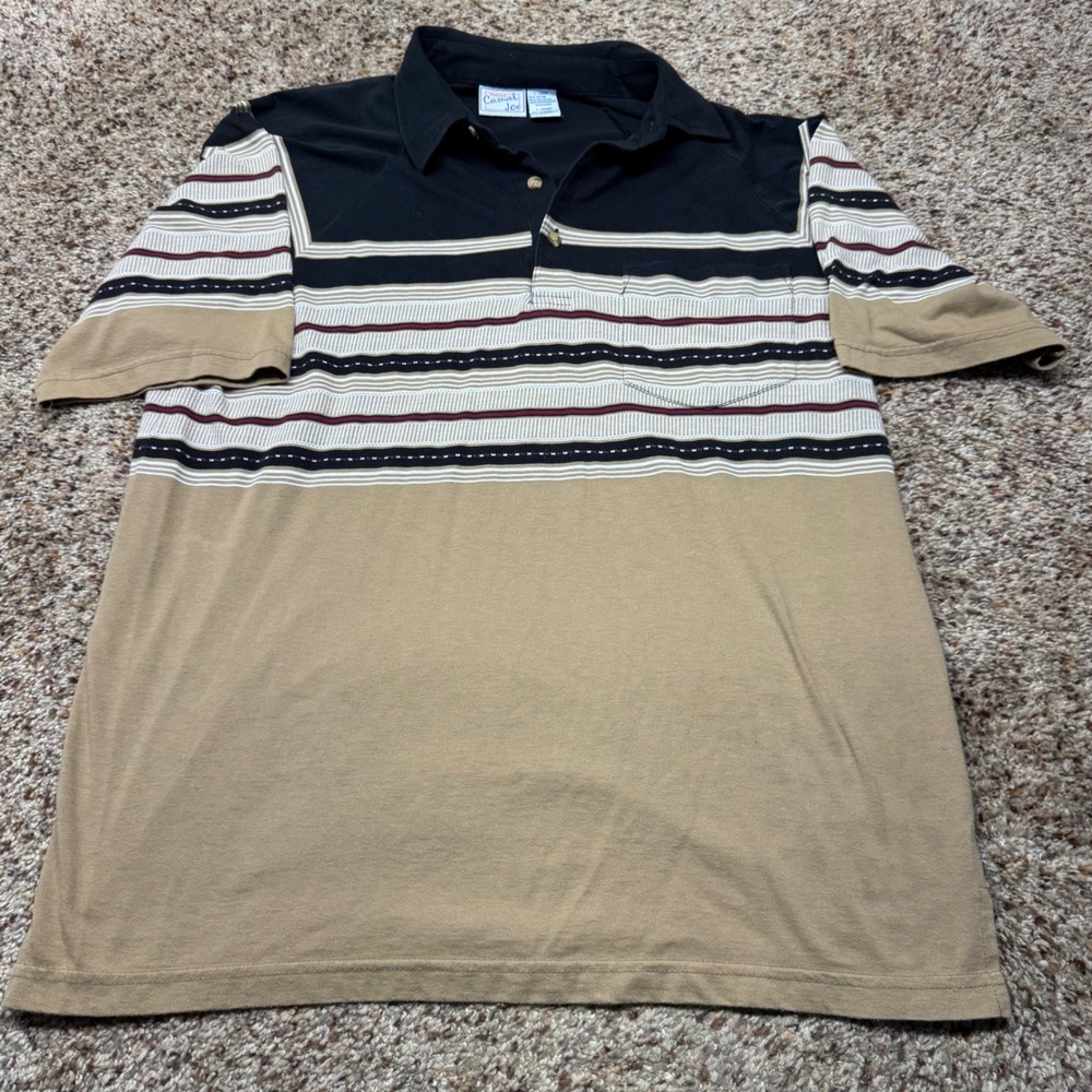 Haband Casual Joe Mens Large Polo Shirt Striped Black Tan Short Sleeve